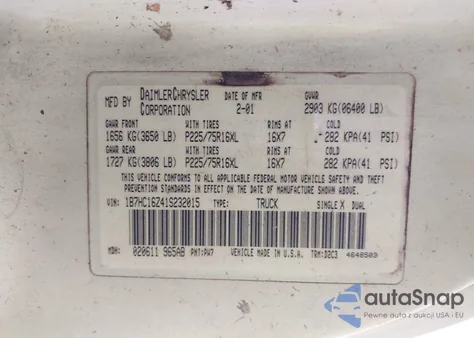 2001 Dodge Ram 1500 St from USA, damaged, VIN 1B7HC16Z41S232015